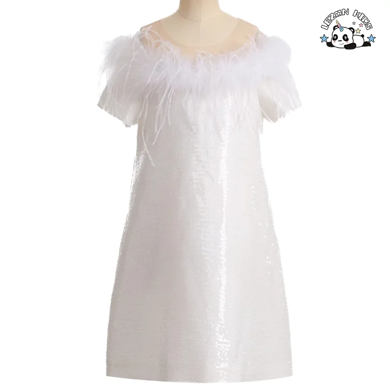 Vestidos de Luxo com Lantejoulas para Meninas, Vestido de Desempenho de Piano com Pena e Ombro Descoberto, Moda