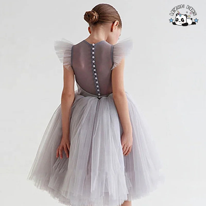 Princess Ruffles Sleeves Pink Tutu Dress Tulle Girls  Lace Dress for 2-12 Years