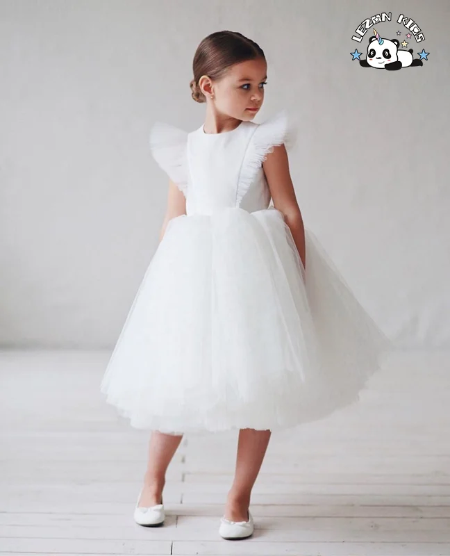 Princess Ruffles Sleeves Pink Tutu Dress Tulle Girls Lace Dress for 2-12 Years - Product Image