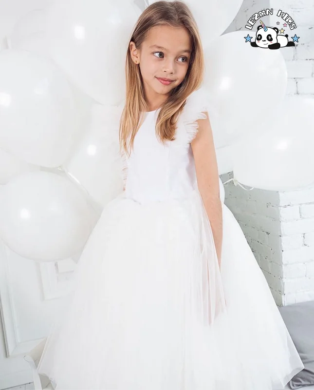 Princess Ruffles Sleeves Pink Tutu Dress Tulle Girls Lace Dress for 2-12 Years - Product Image