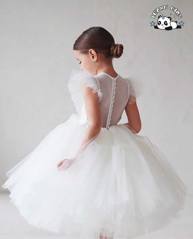 Princess Ruffles Sleeves Pink Tutu Dress Tulle Girls Lace Dress for 2-12 Years - Product Image