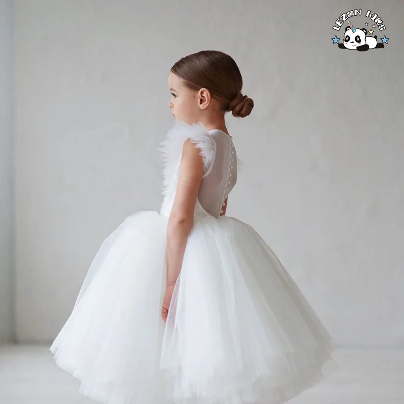 Princess Ruffles Sleeves Pink Tutu Dress Tulle Girls Lace Dress for 2-12 Years - Product Image