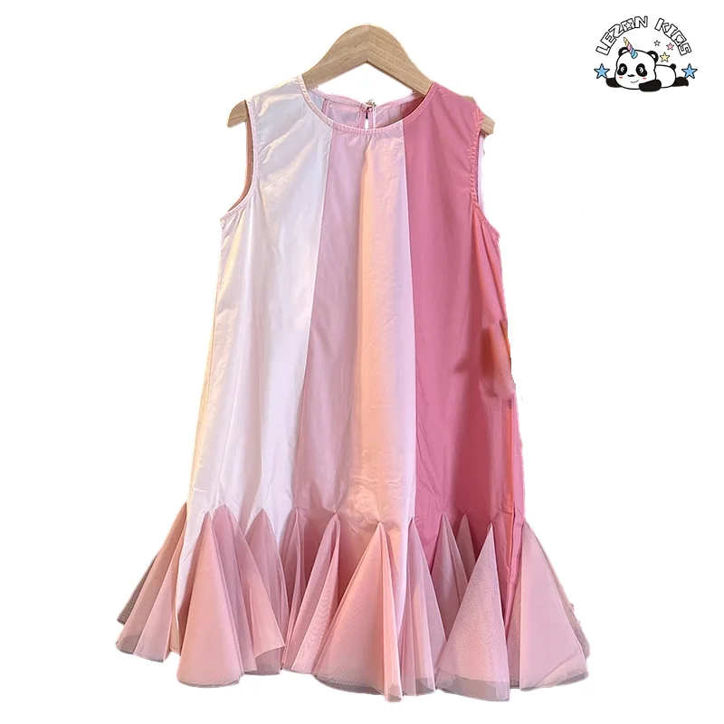 Professional Factory Sleeveless Cotton Dress Lace Decoration Color Block Cotton Fabric Girls Dress