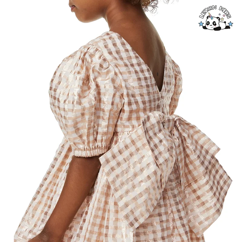 Puff Sleeves Plaid Girls Dress Children's Clothing Round Neck Cotton Girls Summer Dress - Product Image