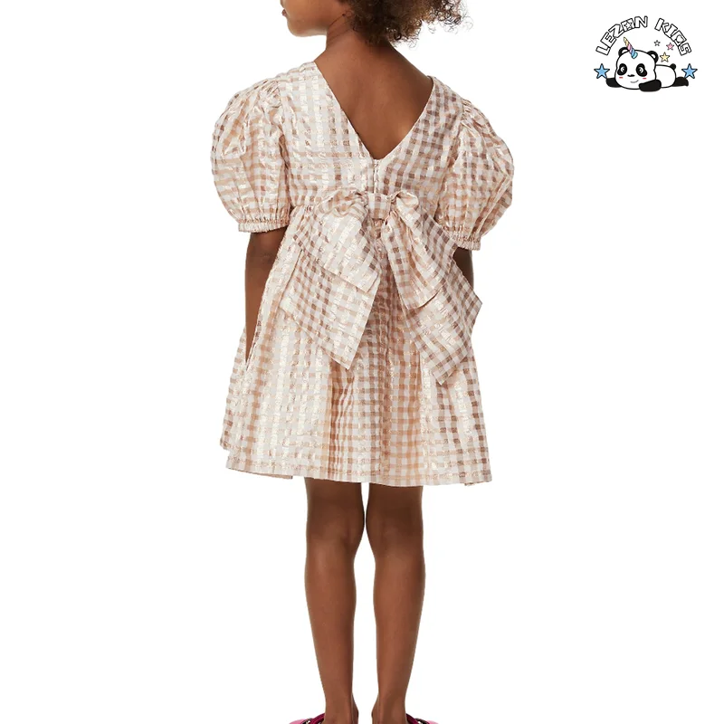 Puff Sleeves Plaid Girls Dress Children's Clothing Round Neck Cotton Girls Summer Dress - Product Image