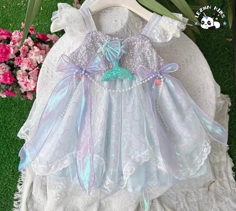 Purple Tulle Girl Dress Sequins Mermaid Pearl Ruffle Sleeveless Sleeve Lovely Princess Dresses for Kids Girls