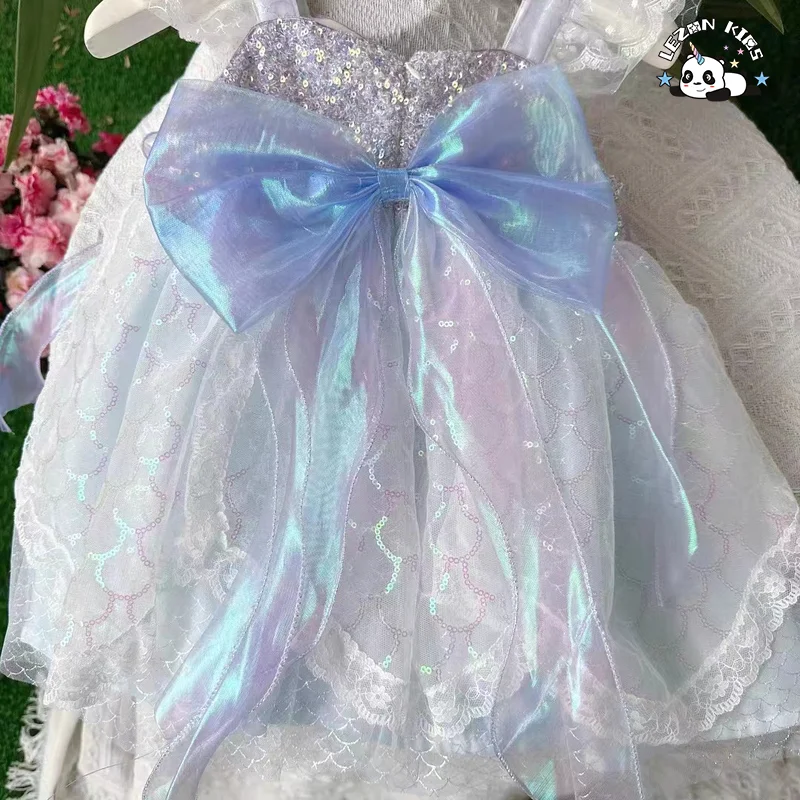 Purple Tulle Girl Dress Sequins Mermaid Pearl Ruffle Sleeveless Sleeve Lovely Princess Dresses for Kids Girls - Product Image