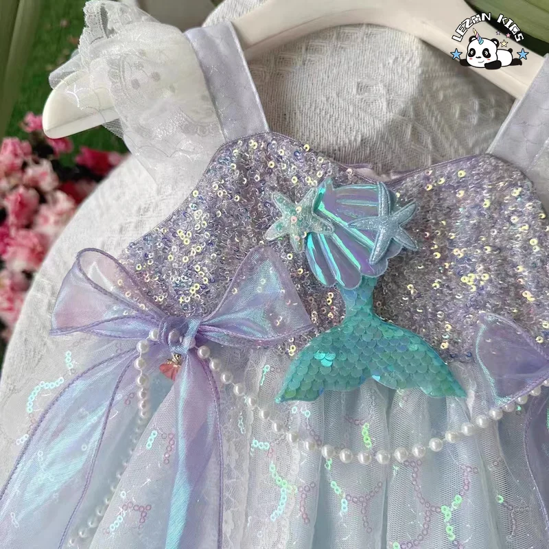 Purple Tulle Girl Dress Sequins Mermaid Pearl Ruffle Sleeveless Sleeve Lovely Princess Dresses for Kids Girls - Product Image