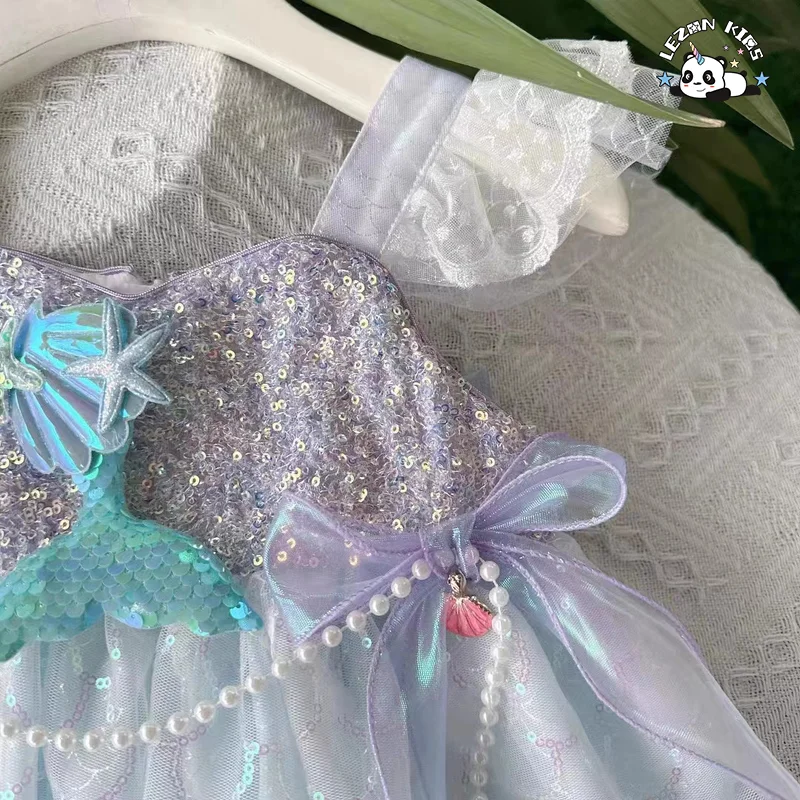 Purple Tulle Girl Dress Sequins Mermaid Pearl Ruffle Sleeveless Sleeve Lovely Princess Dresses for Kids Girls - Product Image