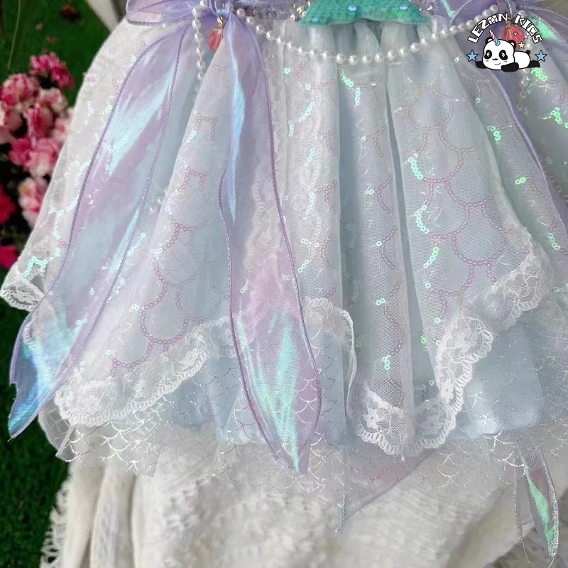 Purple Tulle Girl Dress Sequins Mermaid Pearl Ruffle Sleeveless Sleeve Lovely Princess Dresses for Kids Girls - Product Image