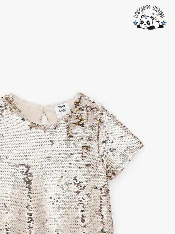 Vestido de Camiseta com Lantejoulas Reversíveis Rose Gold para Meninas - Product Image
