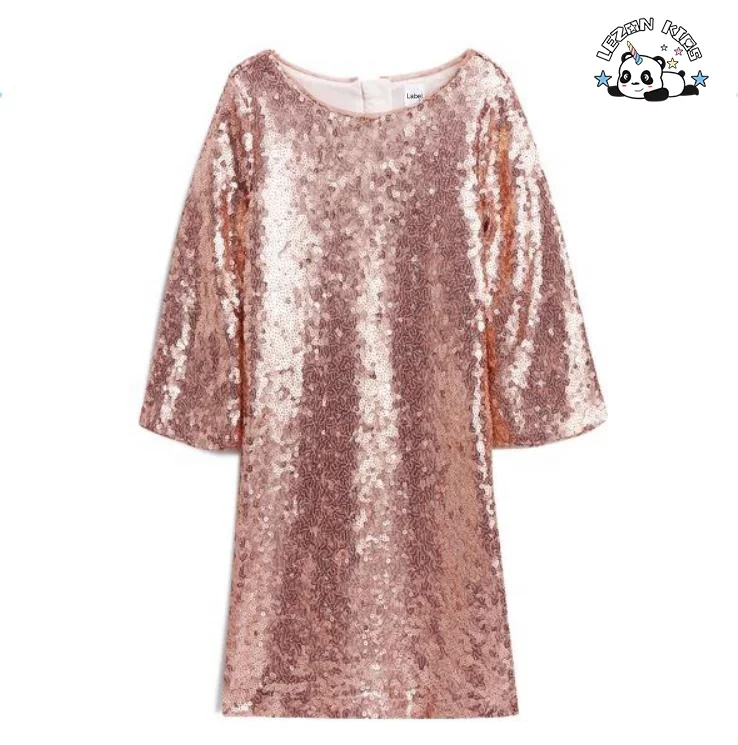 Vestido de Meninas com Mangas Sinos e Lantejoulas Douradas - Roupas de Criança Elegantes no Estilo Vintage