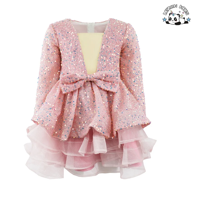 Sequins Mesh Girls Tutu Dress Princess Vintage Long Sleeve Wedding Party Birthday Tutu Dress
