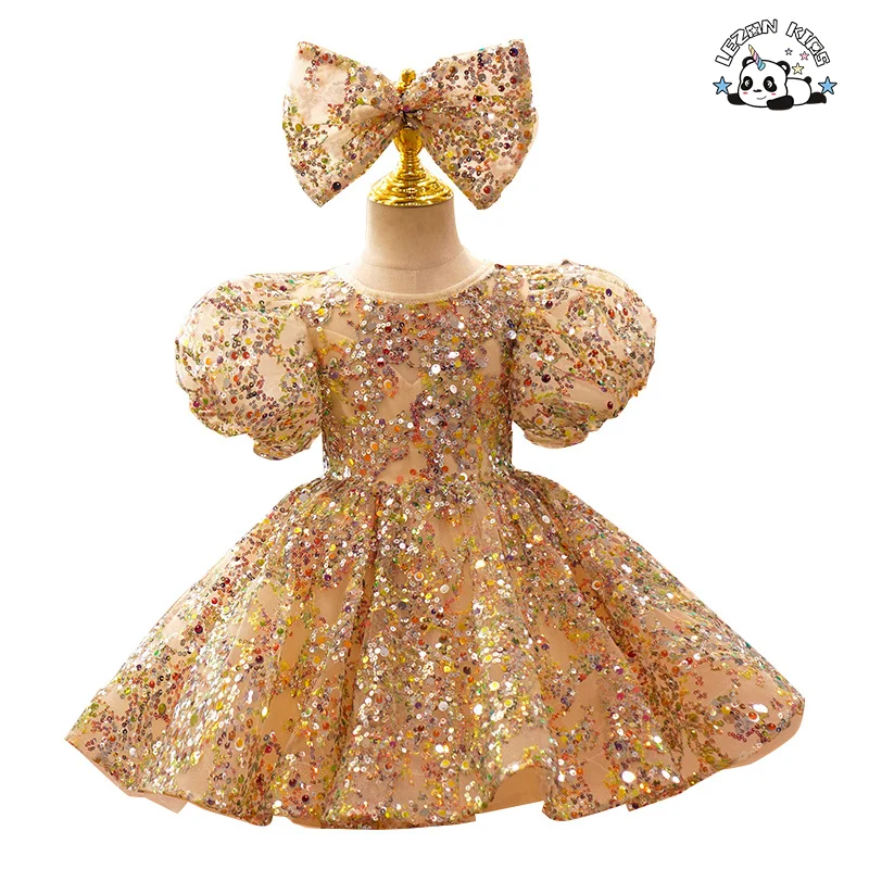 Poncho Brilhante para Meninas, Vestido de Criança Florzinha para Casamento com Manga Bufante, Vestido de Princesa com Lantejoulas para Bebês de 12 Meses