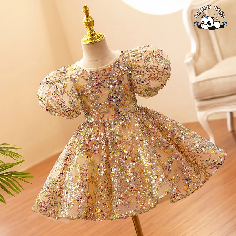 Poncho Brilhante para Meninas, Vestido de Criança Florzinha para Casamento com Manga Bufante, Vestido de Princesa com Lantejoulas para Bebês de 12 Meses - Product Image