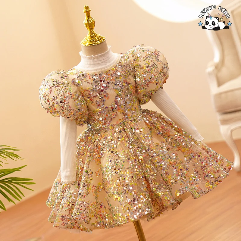 Poncho Brilhante para Meninas, Vestido de Criança Florzinha para Casamento com Manga Bufante, Vestido de Princesa com Lantejoulas para Bebês de 12 Meses - Product Image