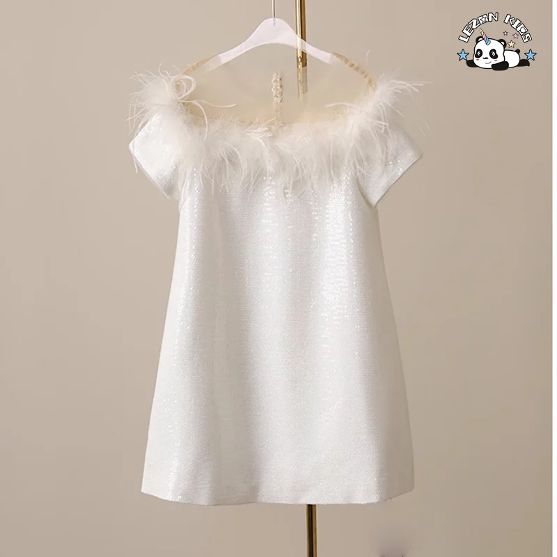 Short Sleeved Sequin Dress feather decoration kids dress off-Shoulder party girls dress - Product Image