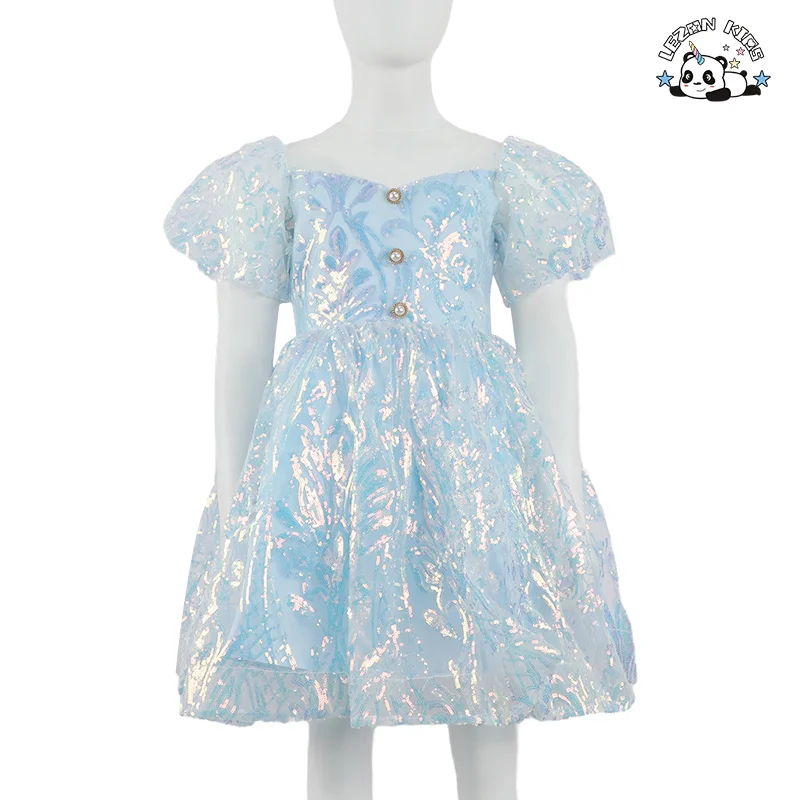 Sky Blue Shiny Children's Poncho Skirt fairy Bubble Sleeve Sequin Princess Skirt Child Hostess Princess Skirt Wholesale