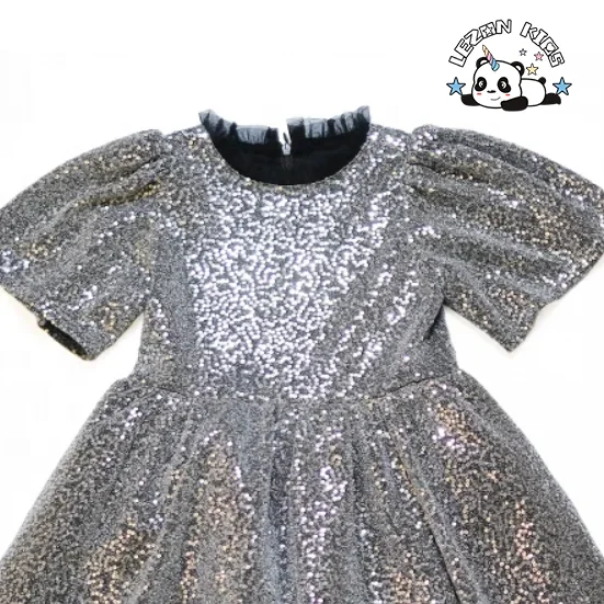 Vestido de Princesa com Mangas Bufantes e Lantejoulas para Meninas em Prata