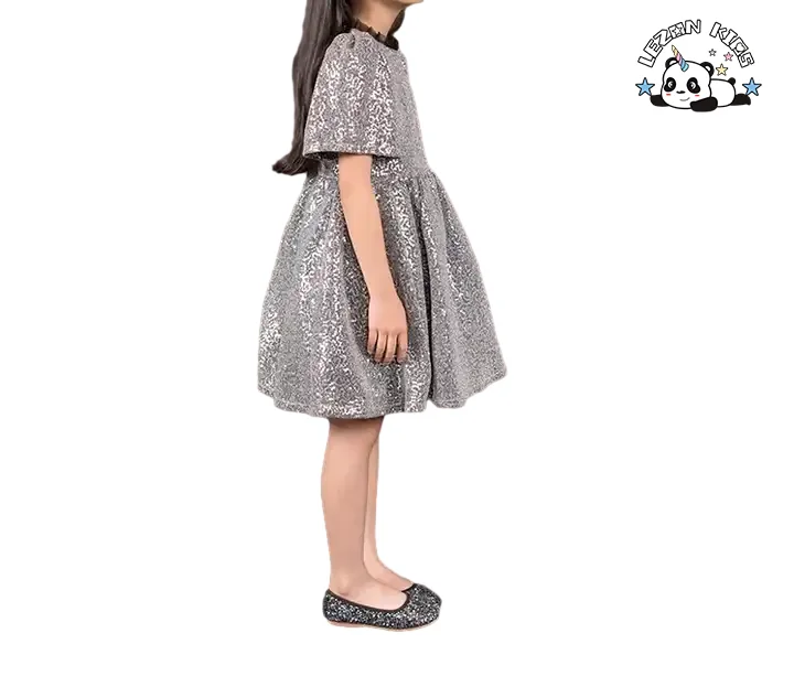 Vestido de Princesa com Mangas Bufantes e Lantejoulas para Meninas em Prata - Product Image