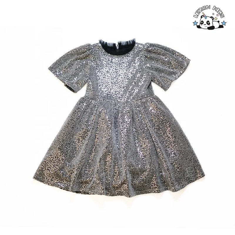 Vestido de Princesa com Mangas Bufantes e Lantejoulas para Meninas em Prata - Product Image