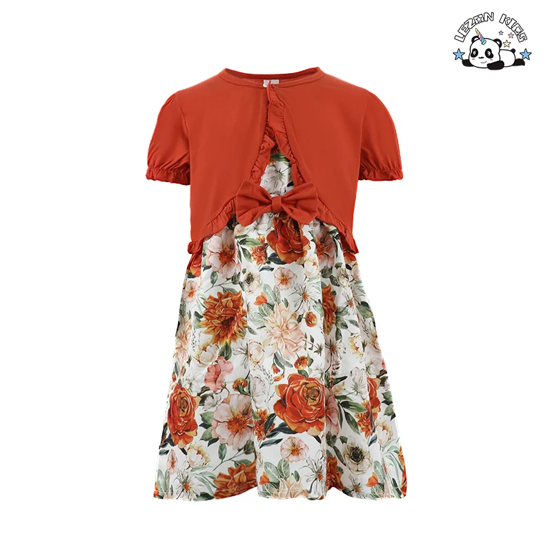 Spring Summer Fall Kids Clothing Girls Dress Flower Sleeveless Dress Ruffle Long Sleeve Shawl Girls Set Customized