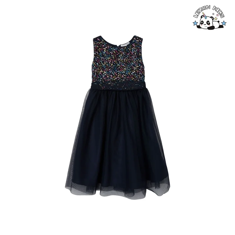 Vestido de Tule Sequado com Personalização de Cor de Tecido em Estoque Sem Mangas para Meninas
