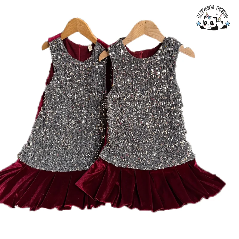 Vestido de Veludo com Lantejoulas sem Mangas para Meninas, Roupas de Crianças, Vestido de Menina de Veludo