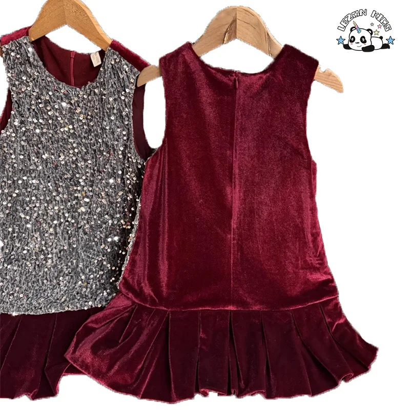 Vestido de Veludo com Lantejoulas sem Mangas para Meninas, Roupas de Crianças, Vestido de Menina de Veludo - Product Image