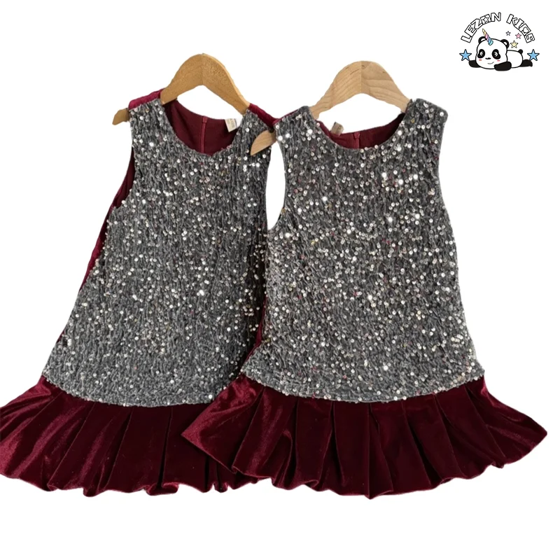 Vestido de Veludo com Lantejoulas sem Mangas para Meninas, Roupas de Crianças, Vestido de Menina de Veludo - Product Image