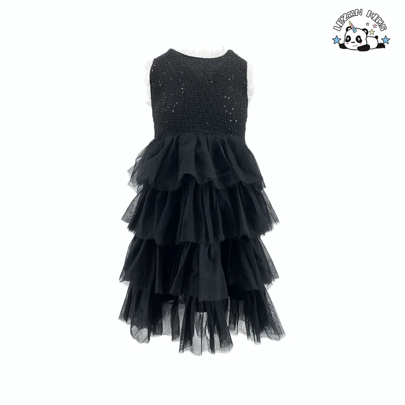 Vestido de Menina Novo Verão 2023 Manga Curta Preto Lantejoulas Tule Princesa