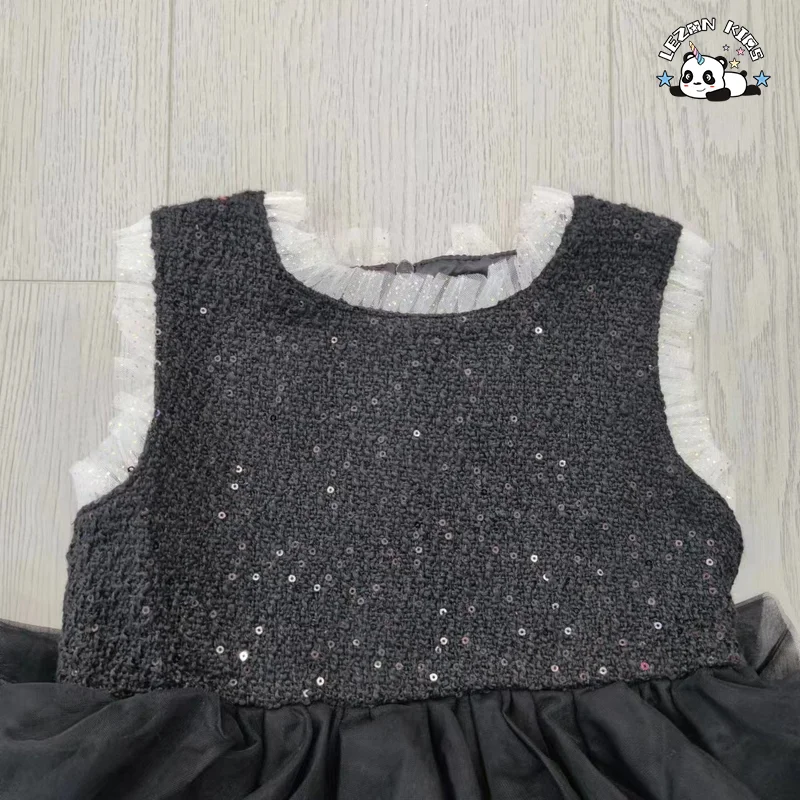 Vestido de Menina Novo Verão 2023 Manga Curta Preto Lantejoulas Tule Princesa - Product Image