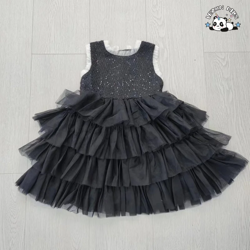 Vestido de Menina Novo Verão 2023 Manga Curta Preto Lantejoulas Tule Princesa - Product Image