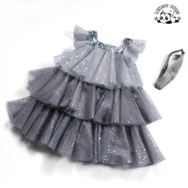 Vestido Azul de Tule para Bebê Menina com Estampa Tie-dye e Lantejoulas para Ocasiões Informais