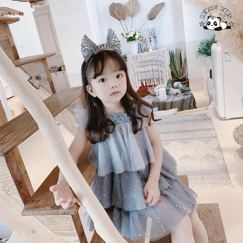 Summer Baby Girl Tulle Casual Children's Wear Tie-dye Sequined Top Print Blue Tutu Dress - Product Image