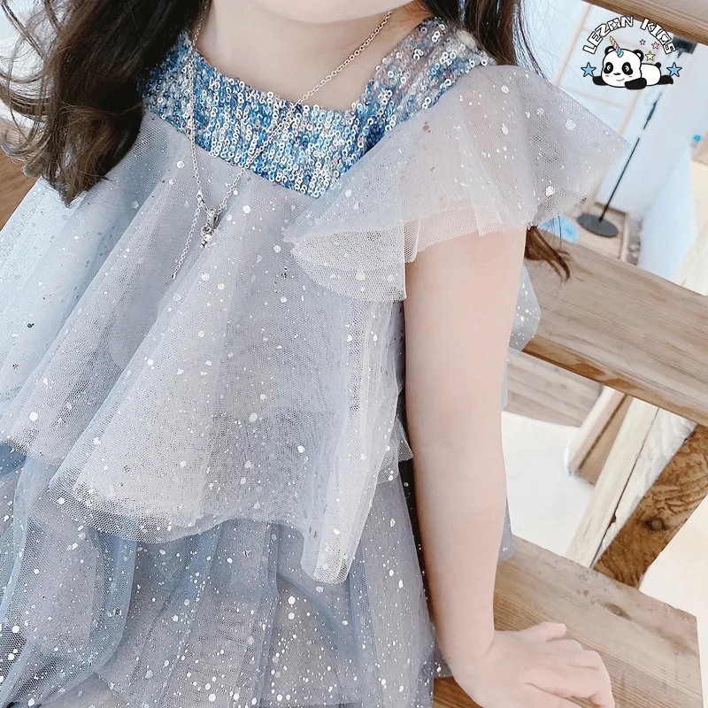 Summer Baby Girl Tulle Casual Children's Wear Tie-dye Sequined Top Print Blue Tutu Dress - Product Image
