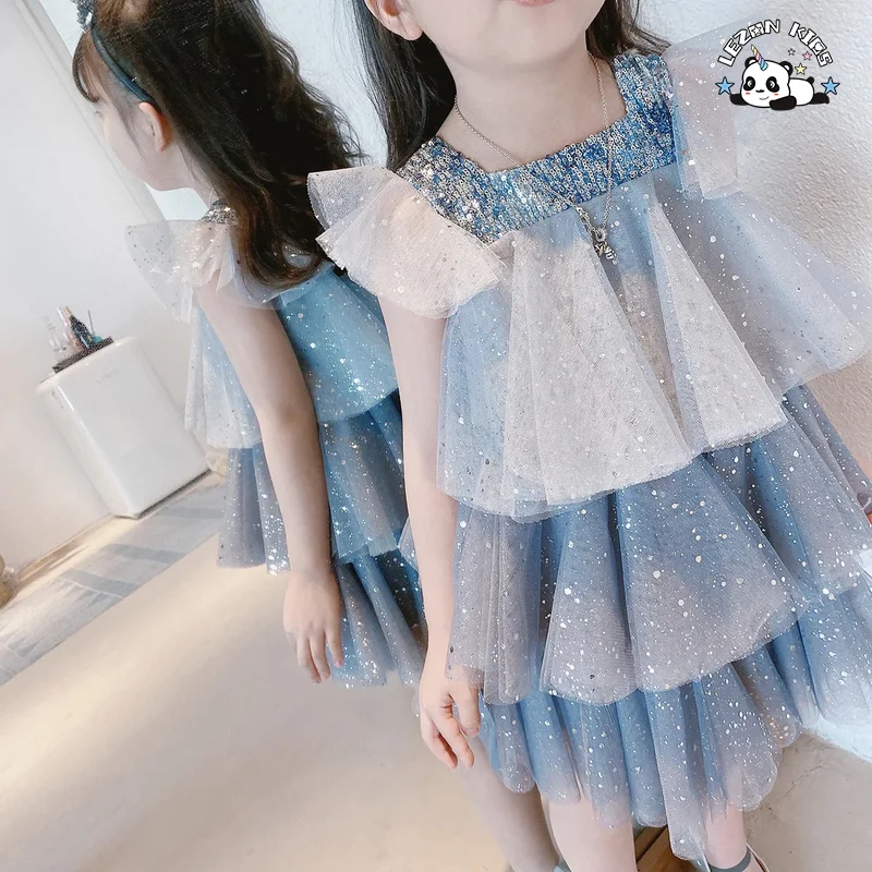 Summer Baby Girl Tulle Casual Children's Wear Tie-dye Sequined Top Print Blue Tutu Dress - Product Image