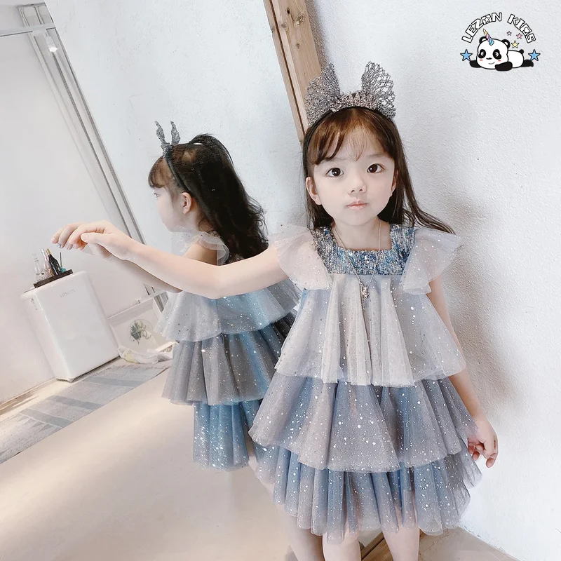 Summer Baby Girl Tulle Casual Children's Wear Tie-dye Sequined Top Print Blue Tutu Dress - Product Image