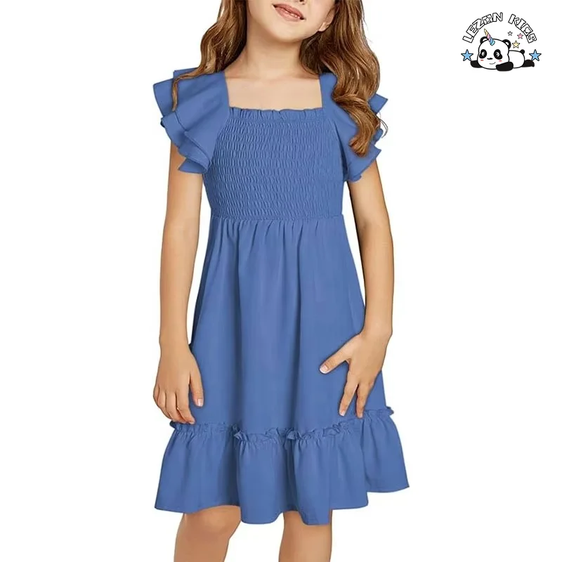 Summer Customize Tween Girls Elegant Ruffle Sleeve Dresses smocked solid color dress for 2-14 Years