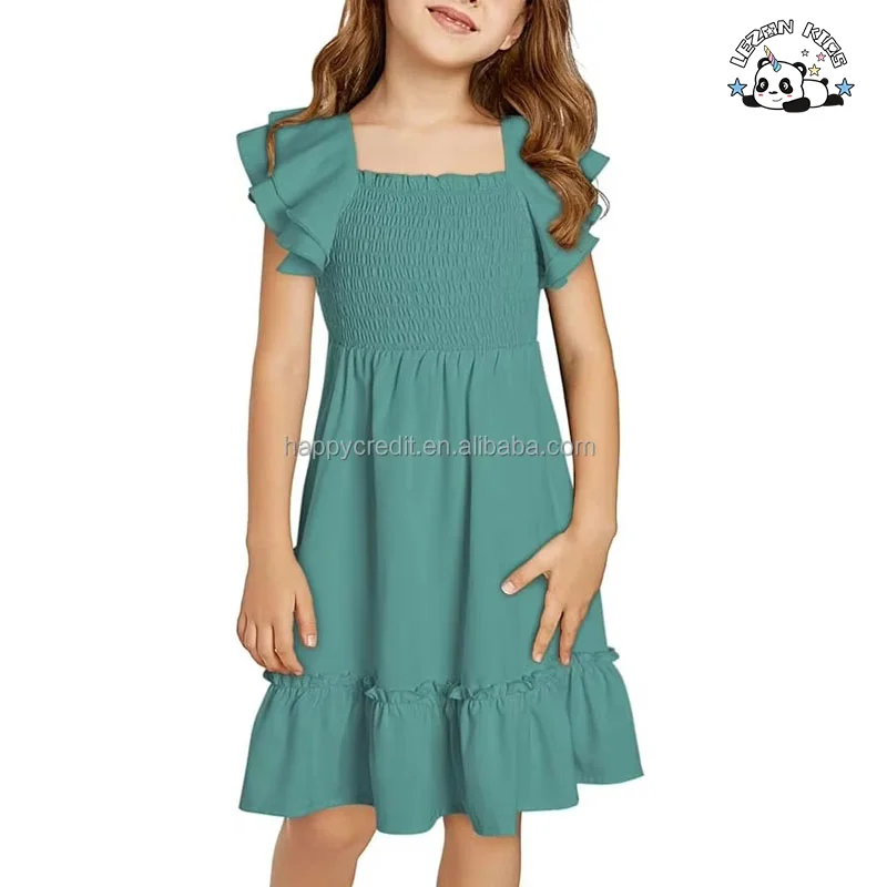 Summer Customize Tween Girls Elegant Ruffle Sleeve Dresses smocked solid color dress for 2-14 Years - Product Image