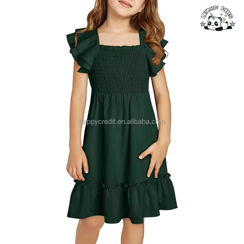 Summer Customize Tween Girls Elegant Ruffle Sleeve Dresses smocked solid color dress for 2-14 Years - Product Image