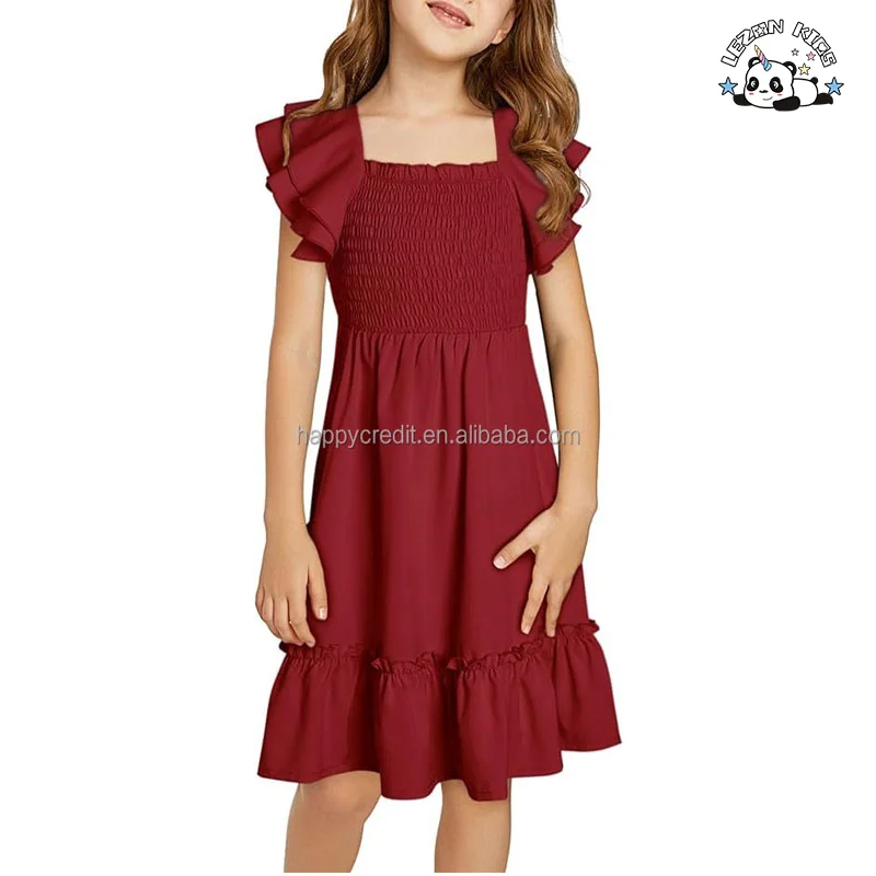 Summer Customize Tween Girls Elegant Ruffle Sleeve Dresses smocked solid color dress for 2-14 Years - Product Image