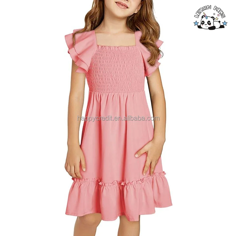 Summer Customize Tween Girls Elegant Ruffle Sleeve Dresses smocked solid color dress for 2-14 Years - Product Image