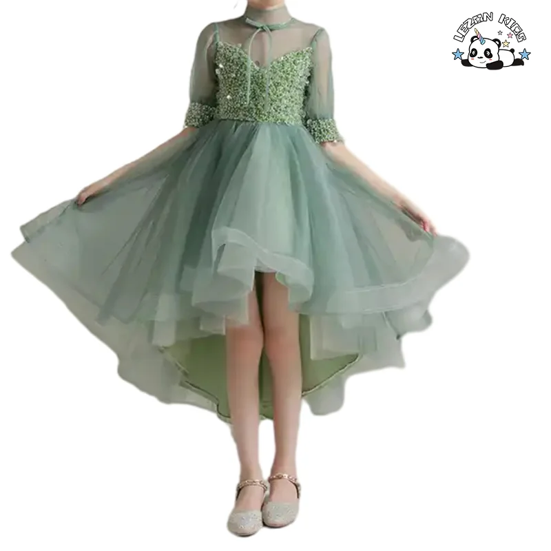 Summer Elegant High quality beading Puff Sequin Tulle evening girls dresses for party