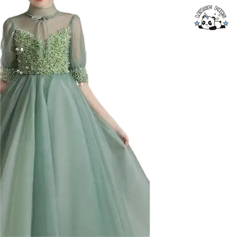 Summer Elegant High quality beading Puff Sequin Tulle evening girls dresses for party - Product Image