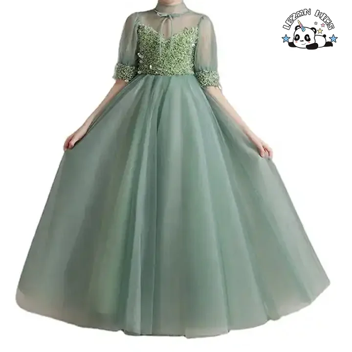 Summer Elegant High quality beading Puff Sequin Tulle evening girls dresses for party - Product Image