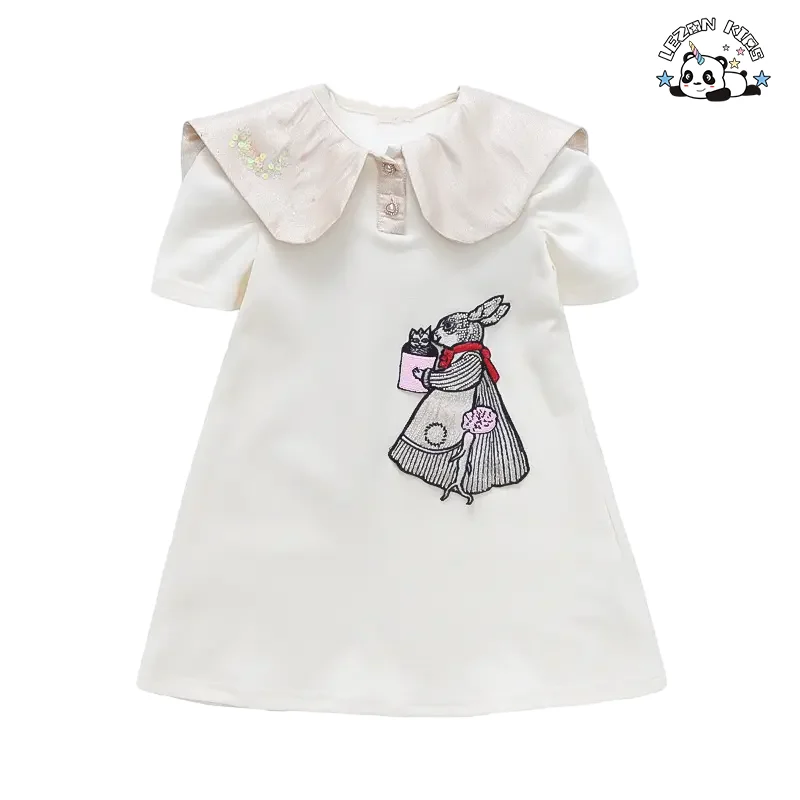 Vestido de Verão para Meninas com Bordado de Coelho e Laço de Cetim Pregas Lantejoulas Casual Festa Vestido Para Meninas