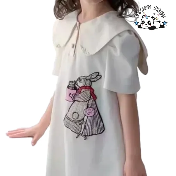 Vestido de Verão para Meninas com Bordado de Coelho e Laço de Cetim Pregas Lantejoulas Casual Festa Vestido Para Meninas - Product Image