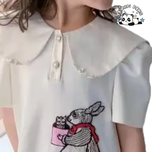 Vestido de Verão para Meninas com Bordado de Coelho e Laço de Cetim Pregas Lantejoulas Casual Festa Vestido Para Meninas - Product Image