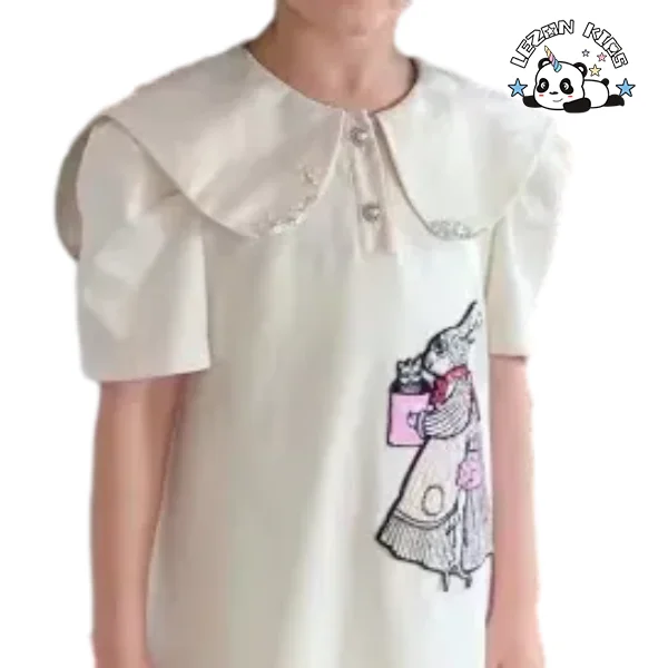 Vestido de Verão para Meninas com Bordado de Coelho e Laço de Cetim Pregas Lantejoulas Casual Festa Vestido Para Meninas - Product Image